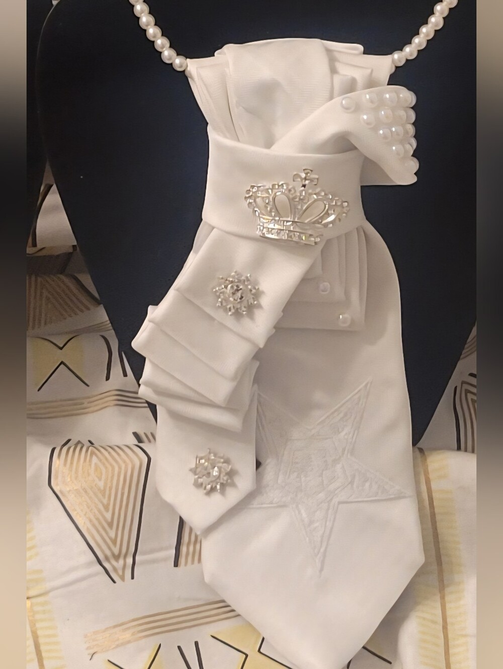 Necktie Necklace with Pearls & Crown Brooch. Order Of Eastern Star Embroidery